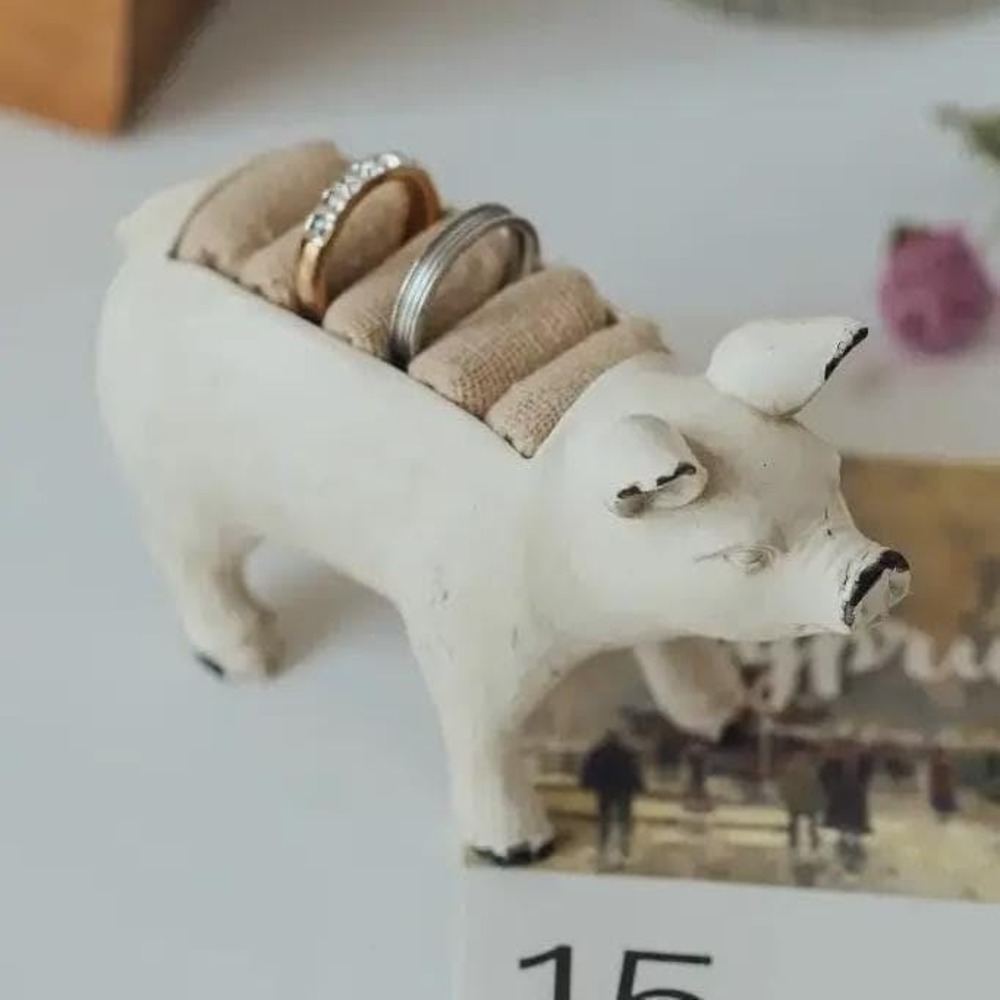Antique White Pig Jewelry‎ Holder Farmhouse Ring Dish Vintage Style Decor